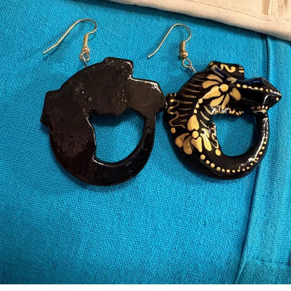 Vintage Hand Painted Lizard Brooch Pin & Earring Set - Folk Art Gecko Jewelry - Picture 5 of 9